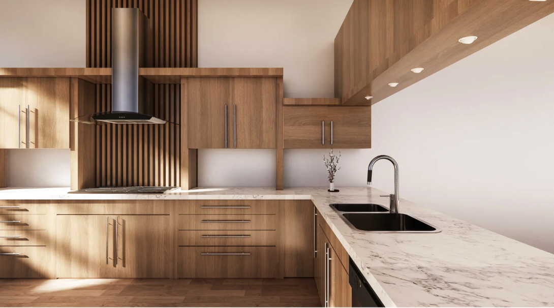 Kitchen with honed marble counters and walnut cabinetry, surfaces clear and polished