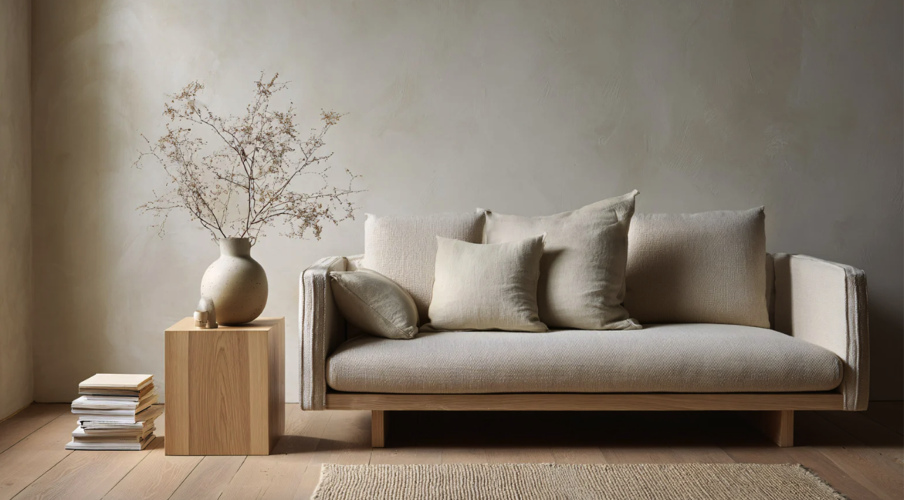 Sectional sofa with folded throws and a clear polished coffee table in a large living room